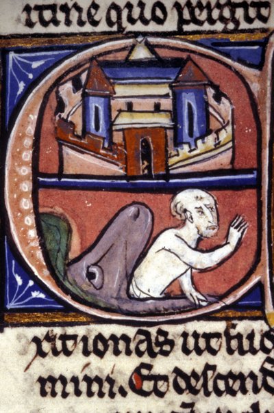 Jonah, after three days and three nights spent in the belly of a huge fish, is vomited by the animal. 14th century manuscript. Biblioteca nazionale braidense, Milan. by Unknown artist