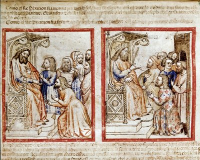 Joseph and his brothers address the Pharaoh, the brothers leave after selling Joseph as a slave. Miniature from codex 212 (or Bible of Padua) by Unknown artist