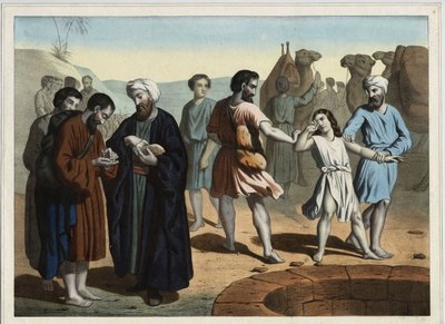 Joseph the Patriarch, sold by his ten jealous brothers who want to make him disappear. Anonymous engraving of the 19th century by Unknown artist
