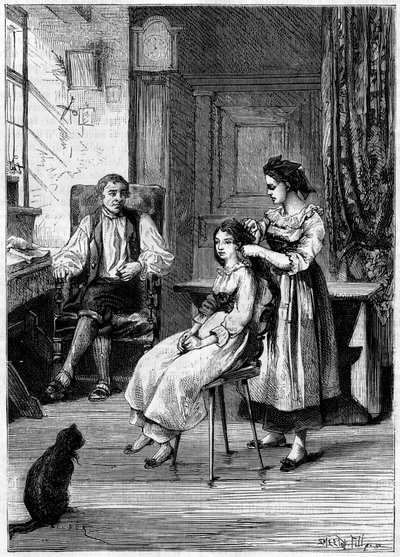 Josue Heilmann (1796-1848), a French inventor, observes his daughters comb their hair. He involved himself in this scene to create the mechanical comber in 1843. Engraving in La Nature: revue des sciences et de ses applications aux arts et a l