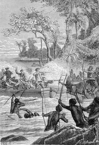 Journey of Carteret in the Isles of Santa Cruz: Attack of the Natives with Arrows - Illustration from The Great Mariners of the 18th Century by Unknown artist