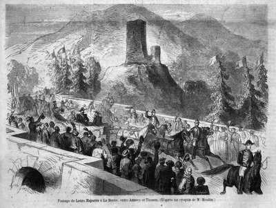 Journey of Emperor Napoleon III and his wife Eugenie de Montijo to Savoy: passage to the Rock between Annecy and Thonon, following the annexation of the Count of Savoy. Engraving from 