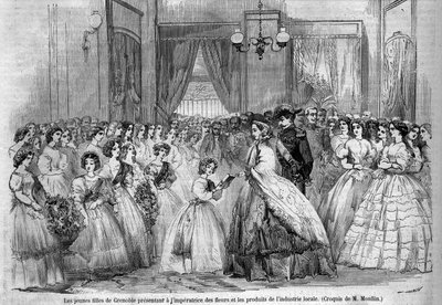 Journey of Emperor Napoleon III (1808-1873) and his wife Eugénie de Montijo (1826-1920) to the Duke of Savoy following the annexation of the County of Savoy (March Turin Treaty): here the imperial couple visiting Grenoble meet young girls who came to prese by Unknown artist