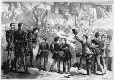 Journey of His Majesty the Imperial Prince Napoleon Eugene Louis Jean Joseph Bonaparte to Cherbourg, France: Mosses and Children of Troops Offer a Bouquet to the Prince. Engraving in 