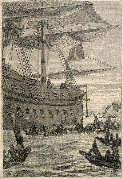 Journey of Samuel Wallis (1728-1795) to Polynesia: indigenous people holding banana branches in hand as a welcome greeting - illustration from "The Great Mariners of the 18th century" by Unknown artist
