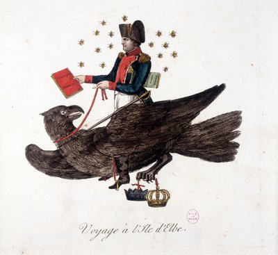 Journey to Elba Island: Napoleon riding an eagle, holding the books of military conscription and mass lifting of soldiers - in 