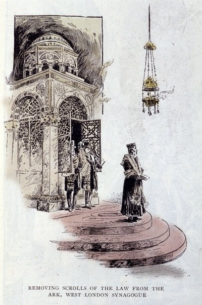 Judaism: Torah scrolls usually placed in the Holy Ark are used at a ceremony. The rabbi wears the Talit or Tzitzit prayer lime. West London Synagogue by Unknown artist