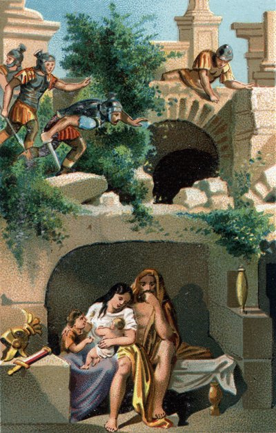 Julius Sabinus (Gauls of the Lingons people) and his wife Eponine remain hiding for nine years with their children in an underground and then discovered, they are taken to Rome along with his two twin sons. Late chromolithography of the 19th century. by Unknown artist