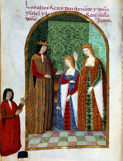 King Ferdinand II, Joan, Queen of Castile and Isabella 1st of Castile. Miniature in Devocionario de la Reyna Da Juana a Quien Llamaron la Loca by Unknown artist
