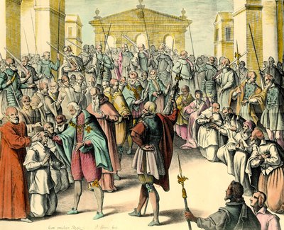 King Henry IV touches the forehead of a sick person (Engraving from a draft by Andre du Laurens) by Unknown artist