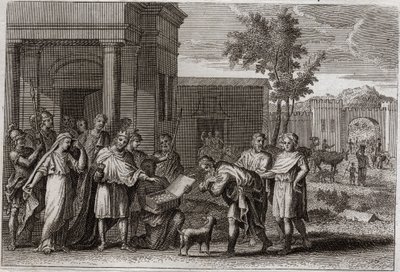 Kingdom Bible, Old Testament: Abimelech Punished by God. Abimelech, King of Gerar, Having Taken Sarah by Force, is Deluded by God and Returns Her to Abraham by Unknown artist