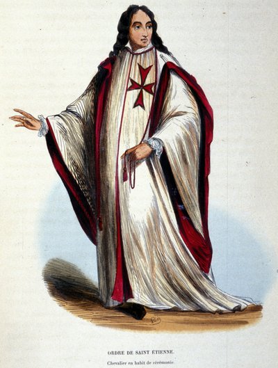 Knight of the Order of St. Stephen in ceremonial dress. Military and religious order created by the Grand Duke of Tuscany in 1561. Engraving of the 19th century. by Unknown artist