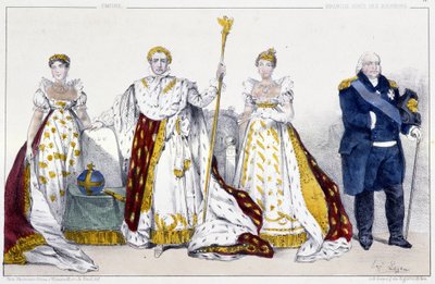 The Empire and the Bourbons: Josephine de Beauharnais and Napoleon I Bonaparte, Marie Josephine de Savoie and Louis XVIII - Plate from Kings and Queens of France in Prints, Paris, ed. Swift by Unknown artist