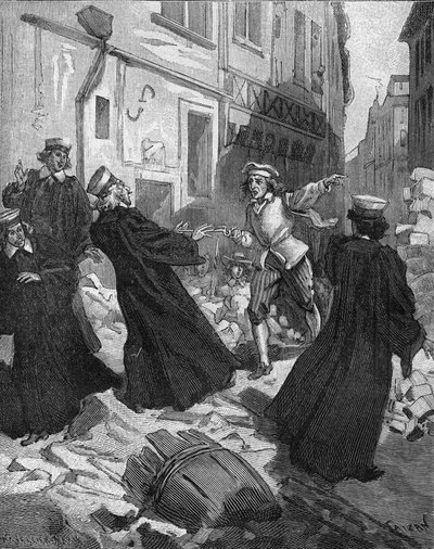 La Fronde (27 August 1648) - barricades in Paris: a rotor boy threatening the President of Parliament, Mathieu Molé (1584-1656). Engraving of the 19th century. In 