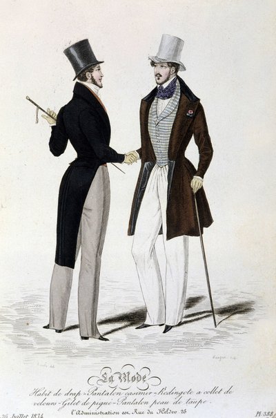 La Mode du 26 juillet 1834: sheet suit - trousers casimir - Redingote with velvet collar - vest of piqué - trousers taupe skin and top hat by Unknown artist