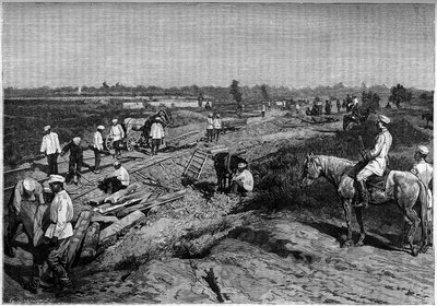 La pose des rails du chemin de fer Transcapien. Engraving in the journal La jeunesse by Unknown artist
