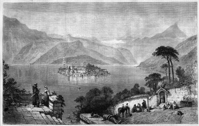 Lake Orta (Lake Cusio) in the middle of the island of San Giulio (Saint Jules) in the province of Novara in Italy. Engraving from 1865 by Unknown artist
