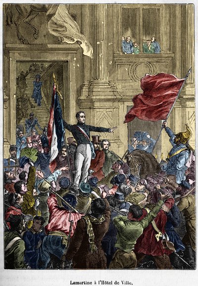 Lamartine (1790 - 1869), refusing the red flag for the tricolor flag, at the Town Hall. Paris, 26 February 1848. Bianchetti collection by Unknown artist