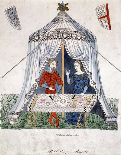 Lancelot and Guinevere eating under a tent, extracted from 