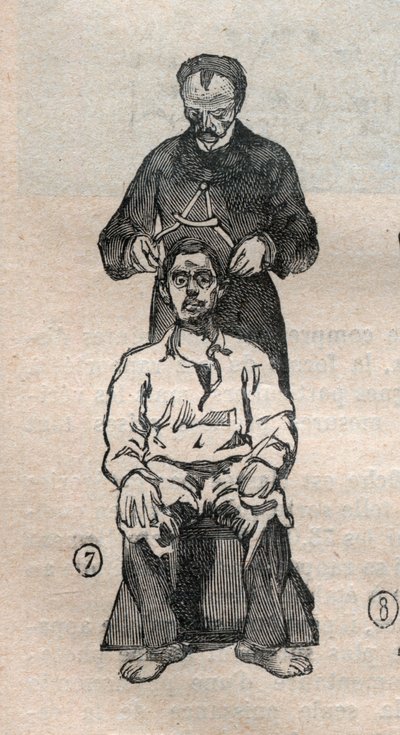 Anthropometric Judicial System or Bertillonage, Method of Alphonse Bertillon: Measuring the Transverse Diameter of the Skull (Engraving in La Science francaise) by Unknown artist