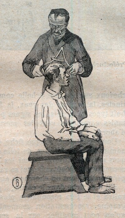 Judicial anthropometry or bertillonage, method of Alphonse Bertillon: measuring the transverse diameter of the skull - Engraving In La Science francaise by Unknown artist