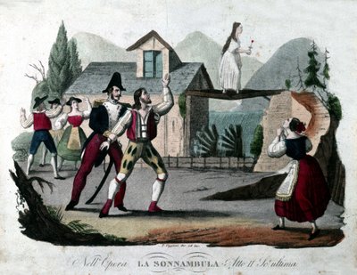 Last scene of Act II of “La Sonnambula” by Vincenzo Bellini. Engraving from 1835 by Unknown artist