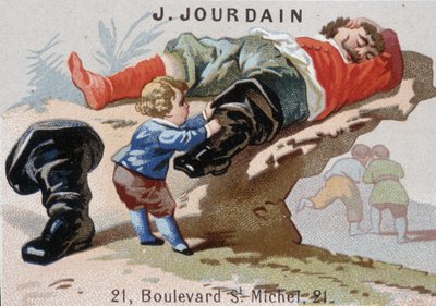 Le Petite Poucet removes its seven-leagues boots with the sleeping ogre - Advertising label Jourdain by Unknown artist