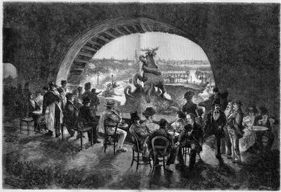 Under the cascade of the Trocadero garden during the great heat in Paris where Parisians come to sit in the cool. Engraving in 