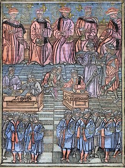 Provost of merchants and aldermen of Paris, scene of tax collection, title page from 
