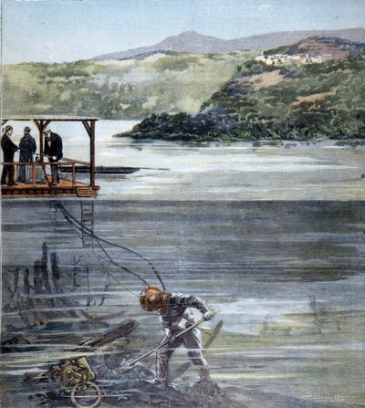 The Diver Paolo Pardi Working on Roman Boats in Lake Nemi with the Siebe Diving Suit in 1893 by Unknown artist