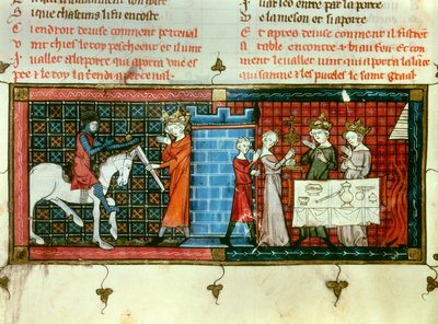 Perceval Receiving a Sword from King Pescheor. Procession of the Holy Grail. Miniature from 