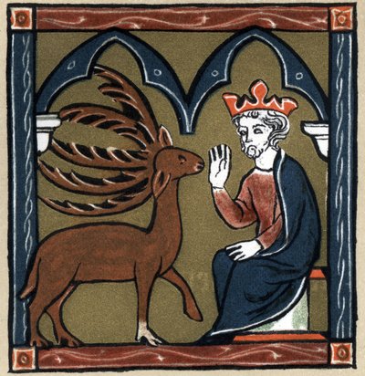 Arthurian Legend: Merlin metamorphoses into a five-wood deer and visits Julius Caesar. In Geschichte der Franzosischen Literatur by Hermann Suchier by Unknown artist