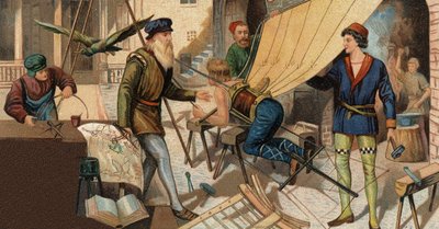 Leonardo da Vinci experimenting with his flying machine. Chromolithography of the 19th century by Unknown artist