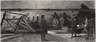 The sewers of Paris: a flushing boat used for cleaning the collector sewer - Engraving from Le Monde Illustré by Unknown artist