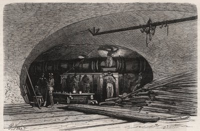Les egouts de Paris: bend of the pipe near the Saint Michel bridge, place du Chatelet - Engraving in 