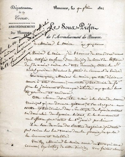 Letter from the sub-prefect of the Creuse (arrondissement of Boussac) to the mayor of Gouzon, 9 September 1822 by Unknown artist