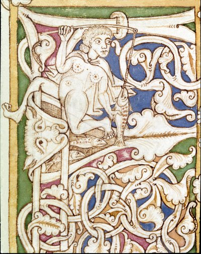 Lettrine P decorated with the representation of a woman fishing a fish by Unknown artist