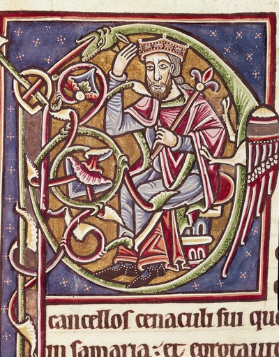 Lettrine P decorated with the representation of the king of the land of Moab, miniature from a Bible (12th century) by Unknown artist