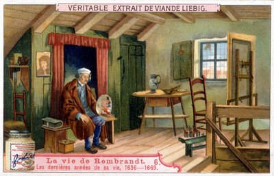 Liebig chromolithography on the life of Rembrandt (1606-1669), Dutch painter. The last years of his life 1656-1669 by Unknown artist
