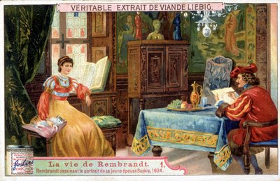 Liebig chromolithography on the life of Rembrandt (1606-1669), Dutch painter. Here drawing the portrait of his young wife Saskia in 1654 by Unknown artist