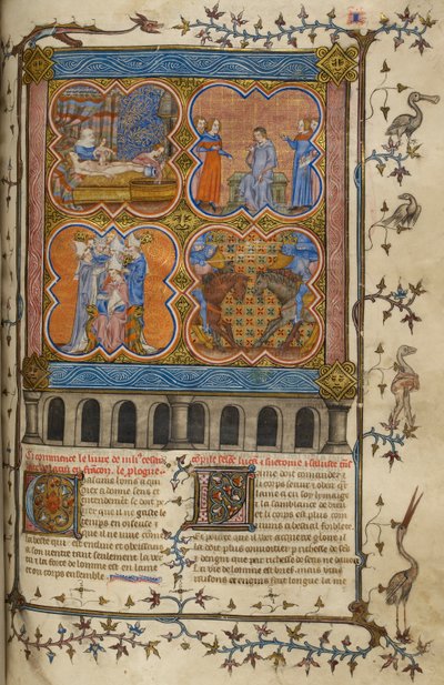 Life of Julius Caesar: Four Miniatures Showing His Birth, Divorce, Pontificate and Fight with Pompey; Text with Decorated Initials and Border with Birds and Grotesques by Unknown artist