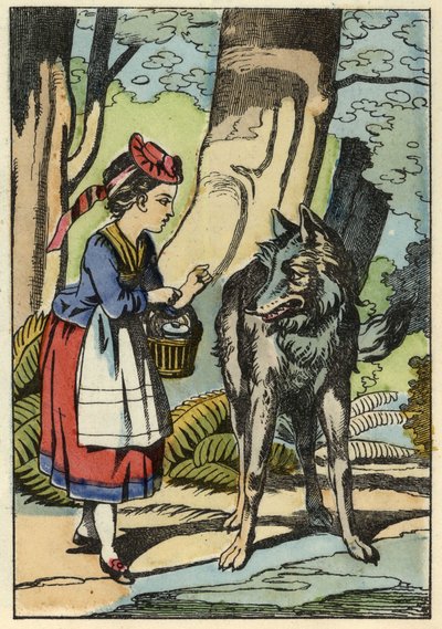 Little Red Riding Hood meets the wolf in the forest. Illustration of the tale 