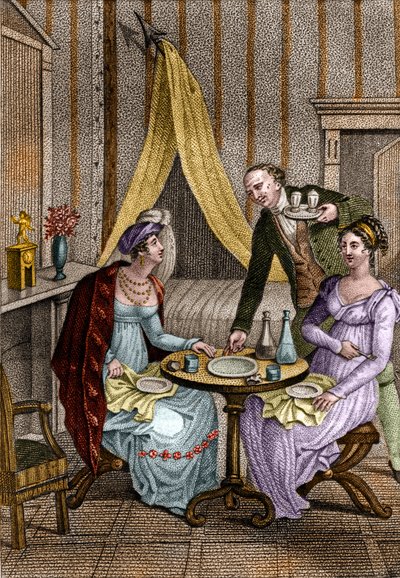Little dinner. Olympe de Gouges (1748-1793), French woman of letters and revolutionary with Celine one of her friends. in 