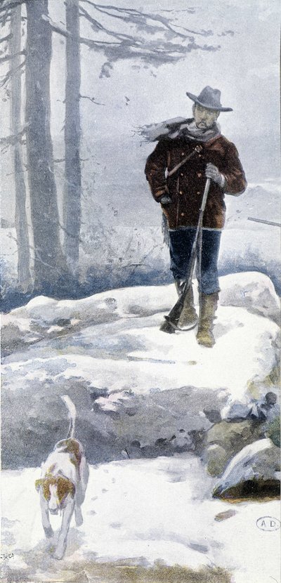 Lonely Hunter with Dog in a Snowy Landscape by Unknown artist