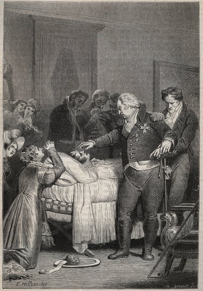 Louis XVIII at the deathbed of the Duke of Berry - The last moments of the Duke of Berry on 13 February 1820 (1778 - 1820) at the opera of Paris surrounded by Louis XVIII and the royal family - engraving in 