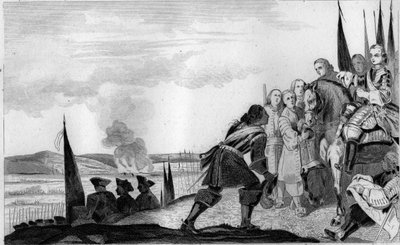 Louis XV at the Battle of Fontenoy in 1745 - War of Succession of Austria (1740-1748) - Maurice of Saxony, Marshal of Saxony, victorious at the Battle of Fontenoy, meets King of France, Louis XV - Engraving of 1825 in 