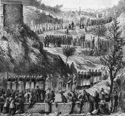 Lourdes 1864: the procession to the cave for the inauguration of the statue of Mary Immaculate by Unknown artist