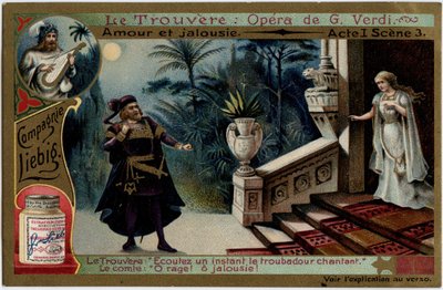 Love and Jealousy Act I Scene 3. Illustration for the opera Il trovatore by Giuseppe Verdi. Chromolithography from the end of the 19th century. by Unknown artist