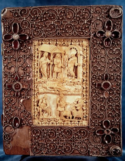 Lower dish of the Psalter by Charles the Bald (Charles II): ivory miniature depicting Nathan came to kill the child, one of the adulterous relationship of the king of Israel David and Bathsheba by Unknown artist