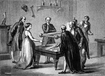 Luigi Galvani discovered in 1780 the irritability of frog muscles by electricity. Engraving of the 19th century by Unknown artist